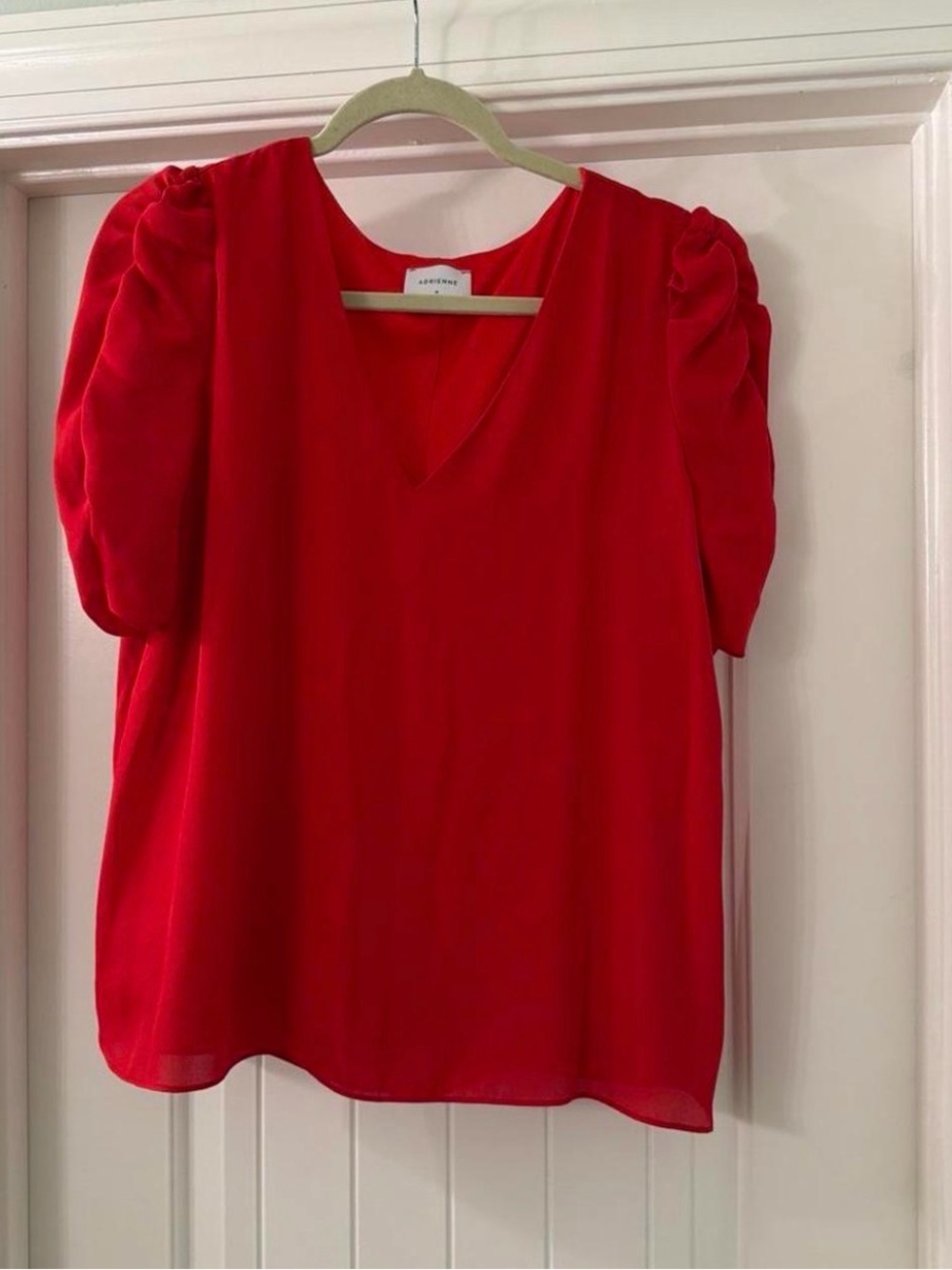 Red V-Neck Puff Sleeve Women's Top